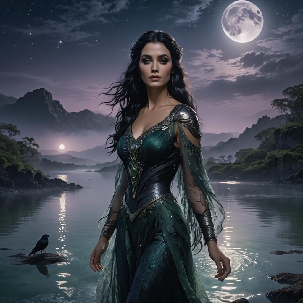 Enchantress Beside Lagoon in Moonlight, Fantasy Art