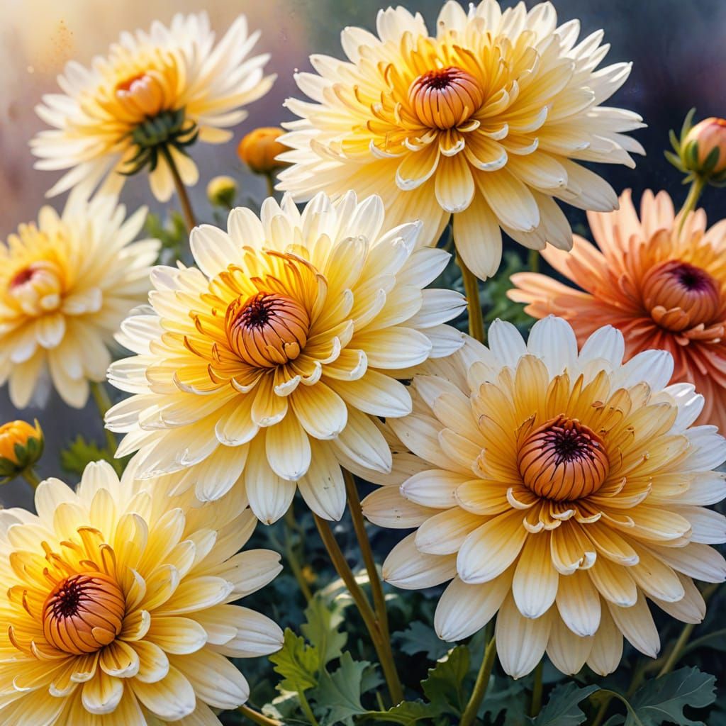 Vibrant Watercolor Chrysanthemums in Golden Hour Light