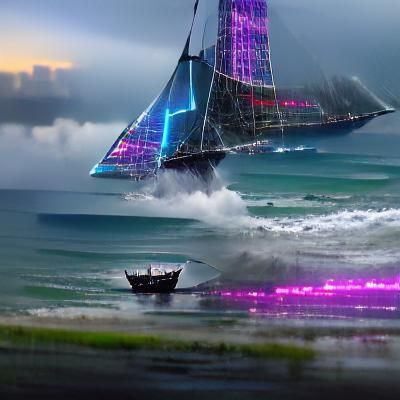 Cyberpunk Sailboat Tower on Open Ocean