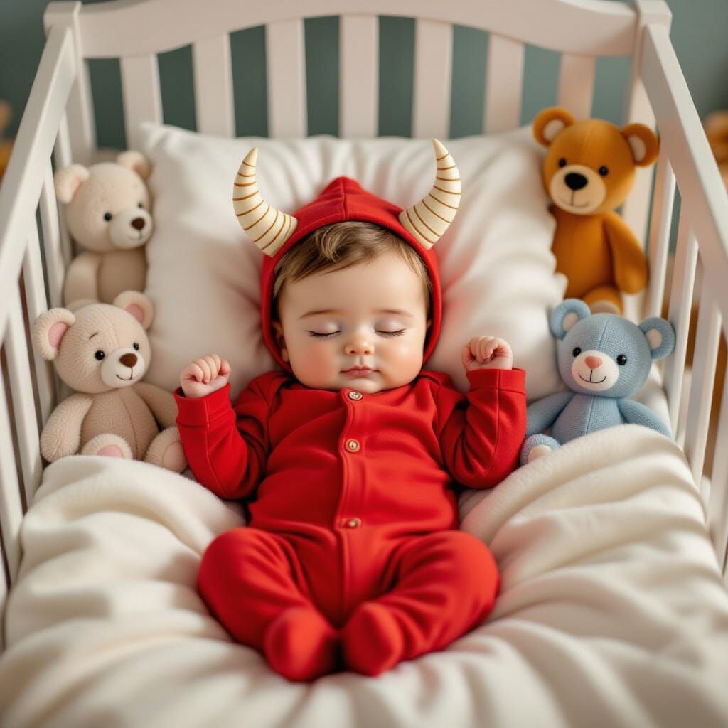 Adorable Devil Baby Sleeping in Crib: Pixar Style