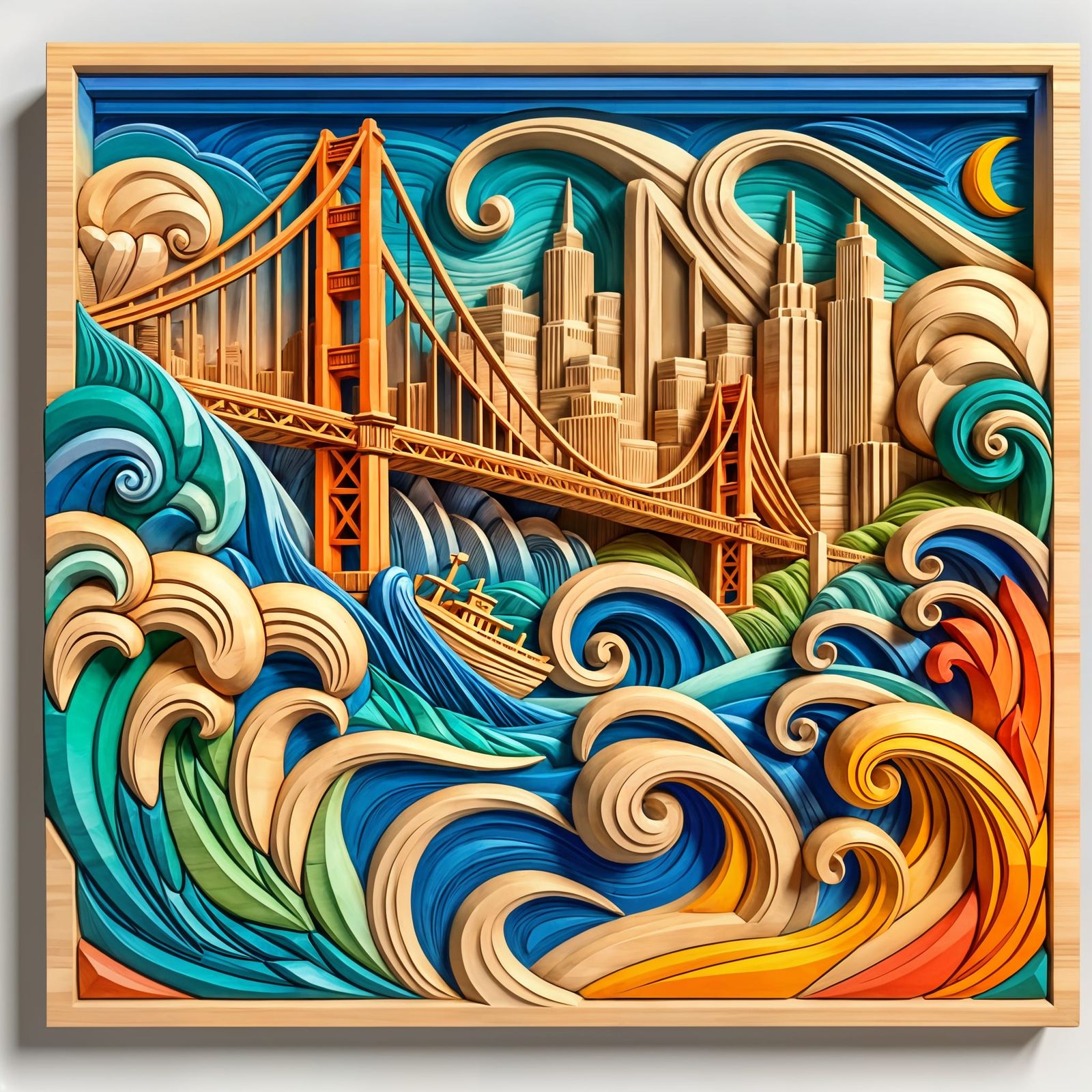Surreal Whimsical Digital Wood Block Carving of Golden Gate ...