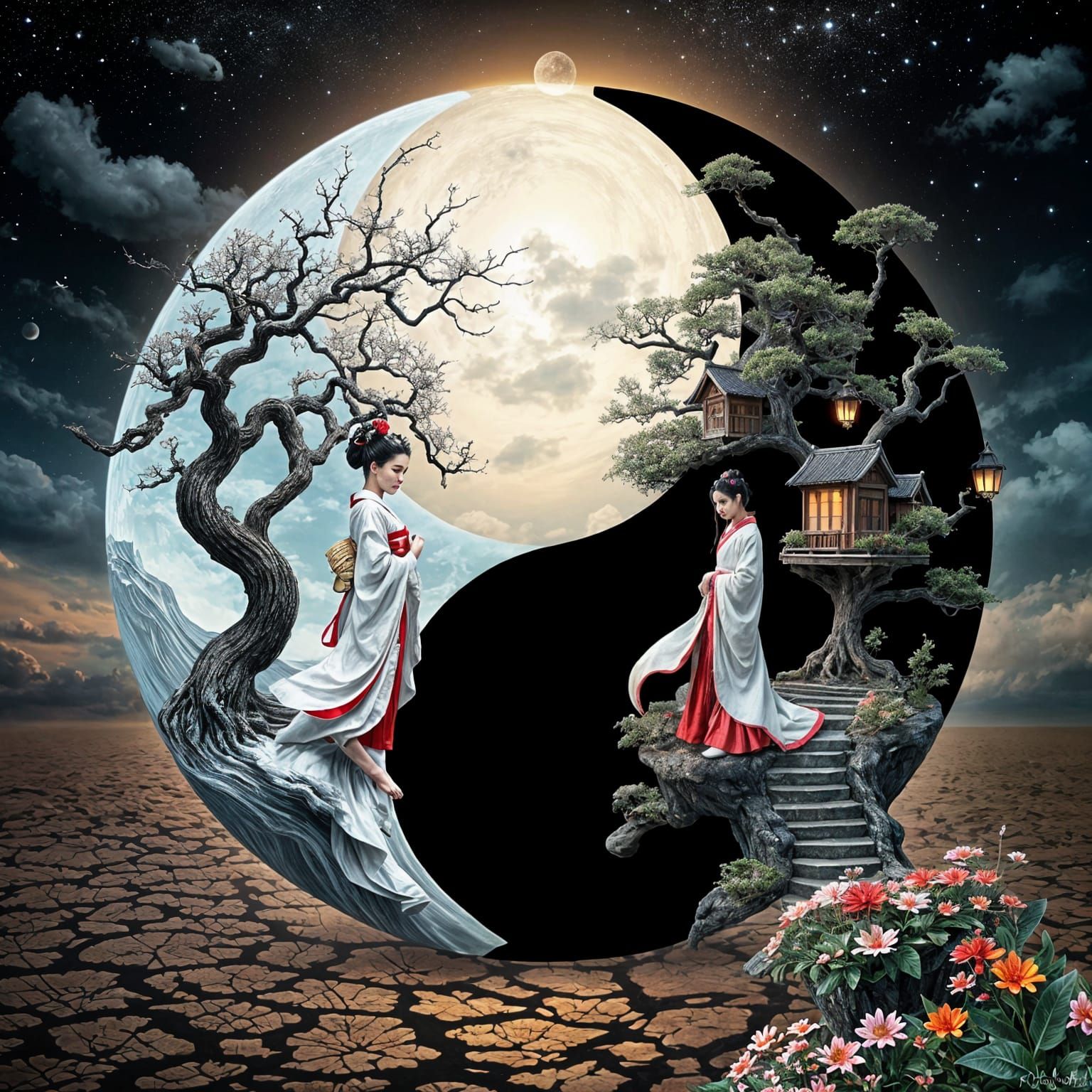 Surreal Geisha Meets Ancient Yin Yang