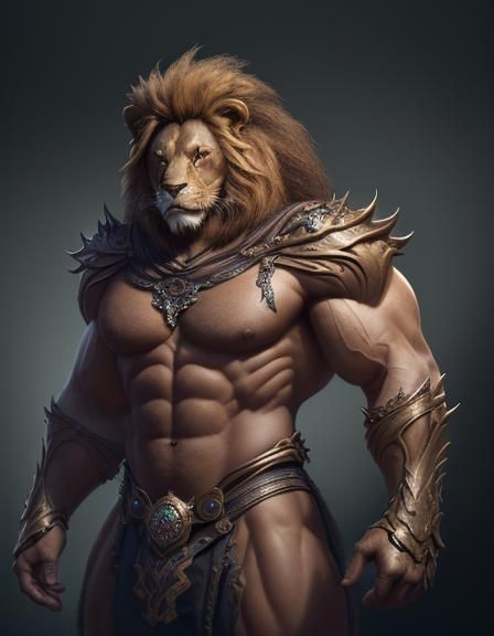 anthropomorphic lion man with massive muscular muscle ,8k resolution concept art portret from front realistic face