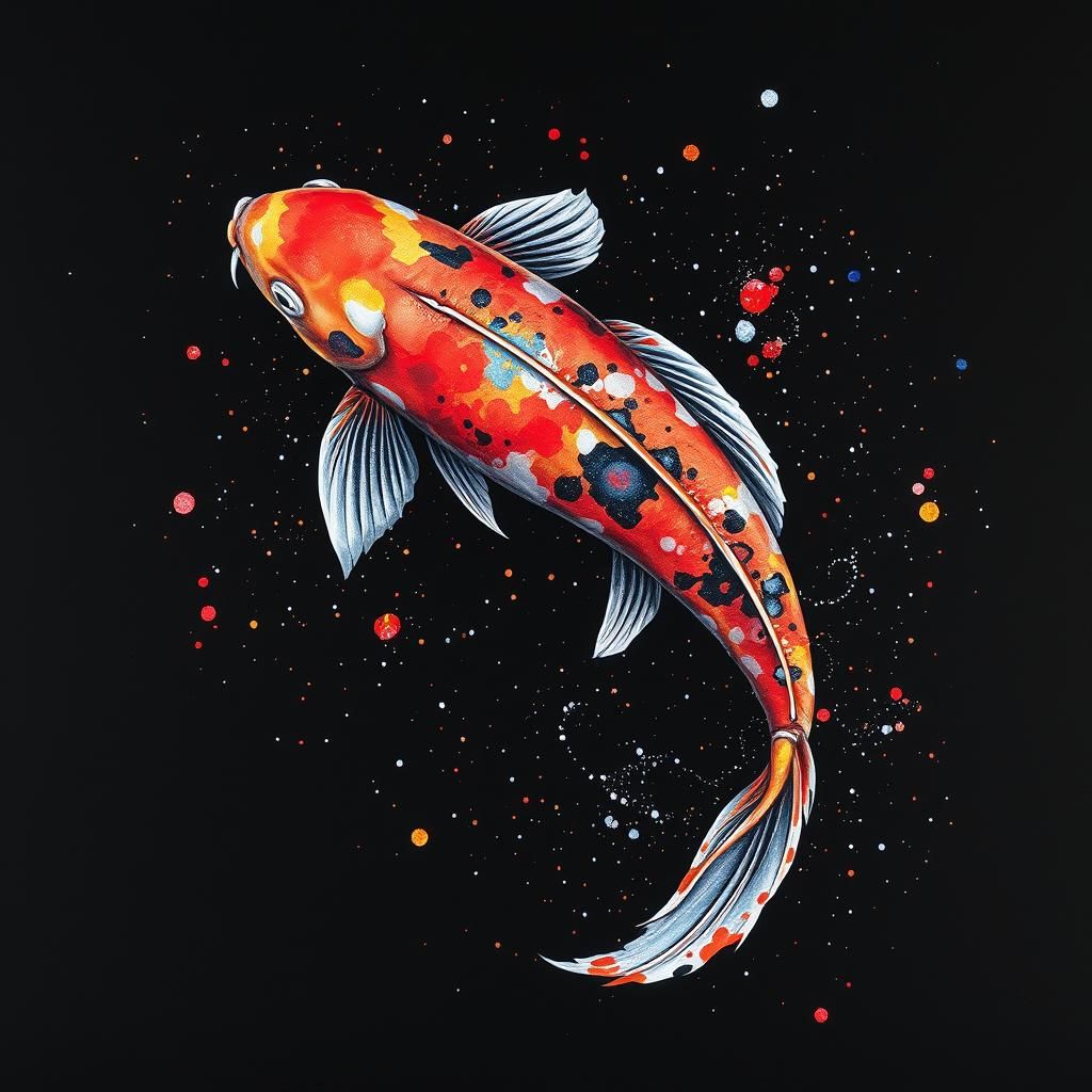 Iridescent Koi Fish with Watercolor Ink Splatters