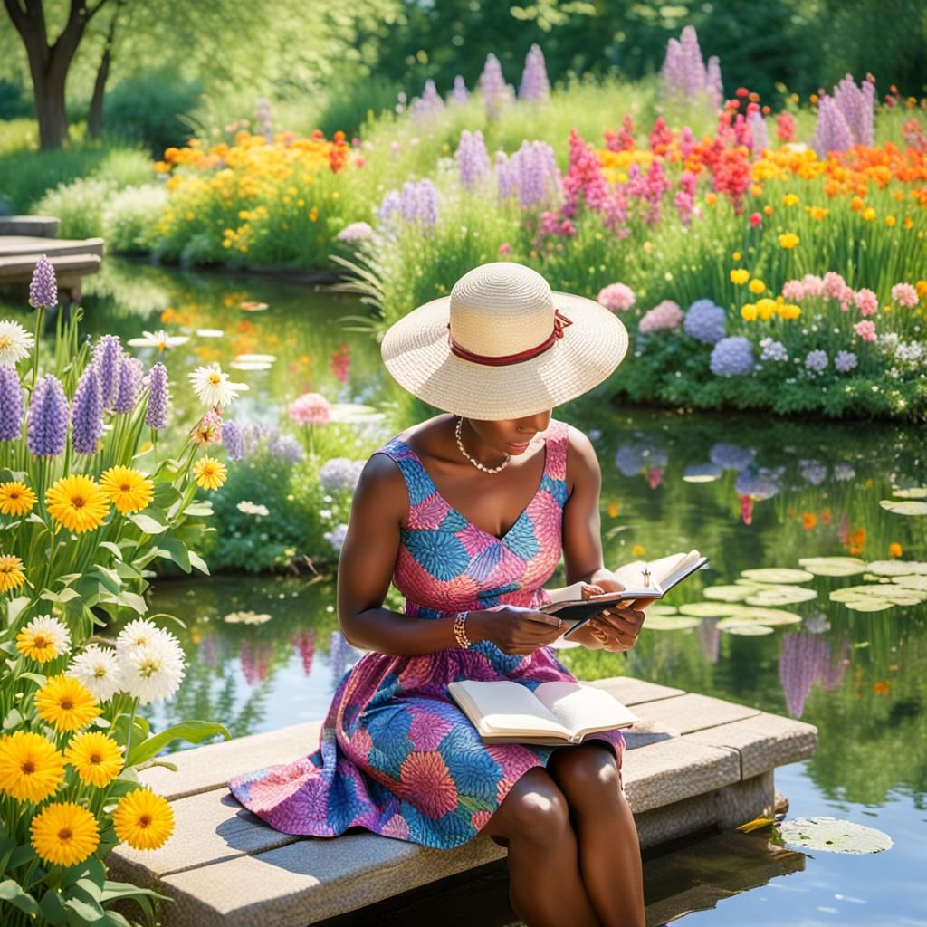Woman Journaling by Pond in Impressionistic Style