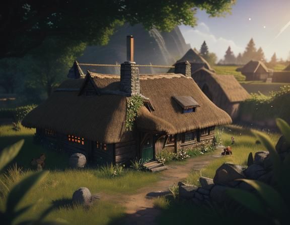 Hobbit Woman with Hens: 3D Game Cinematic Scene