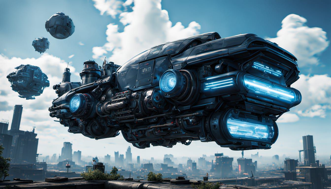 Retro Vehicle Flies Over Cyberpunk City in Cinematic Style