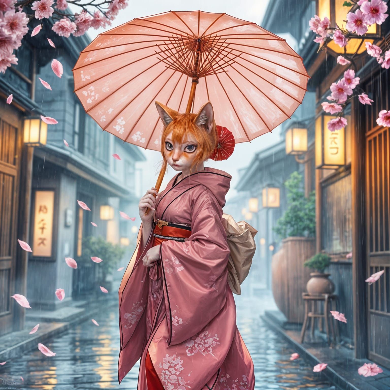 Ginger Cat Geisha Walks in Rainy Japan