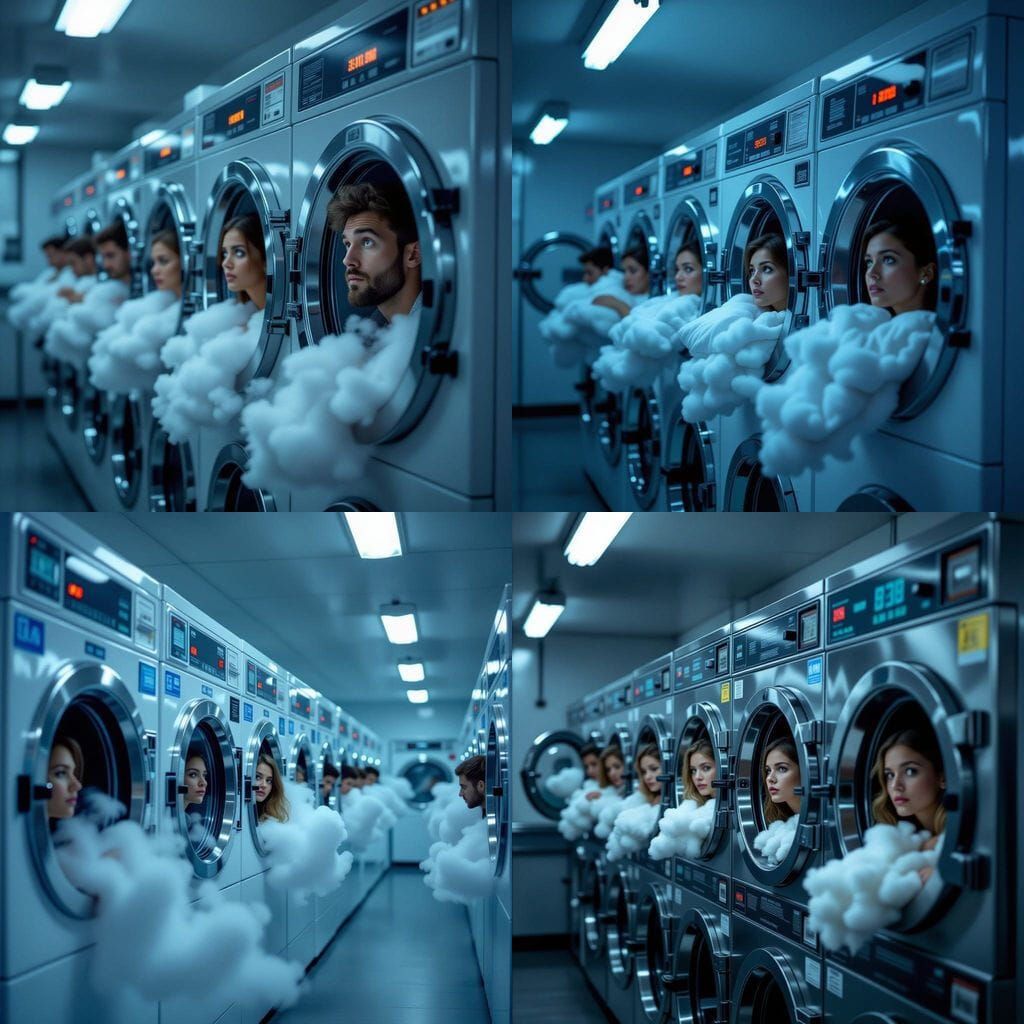 Perplexed People in Dryer Machines in Harshly Lit Laundromat