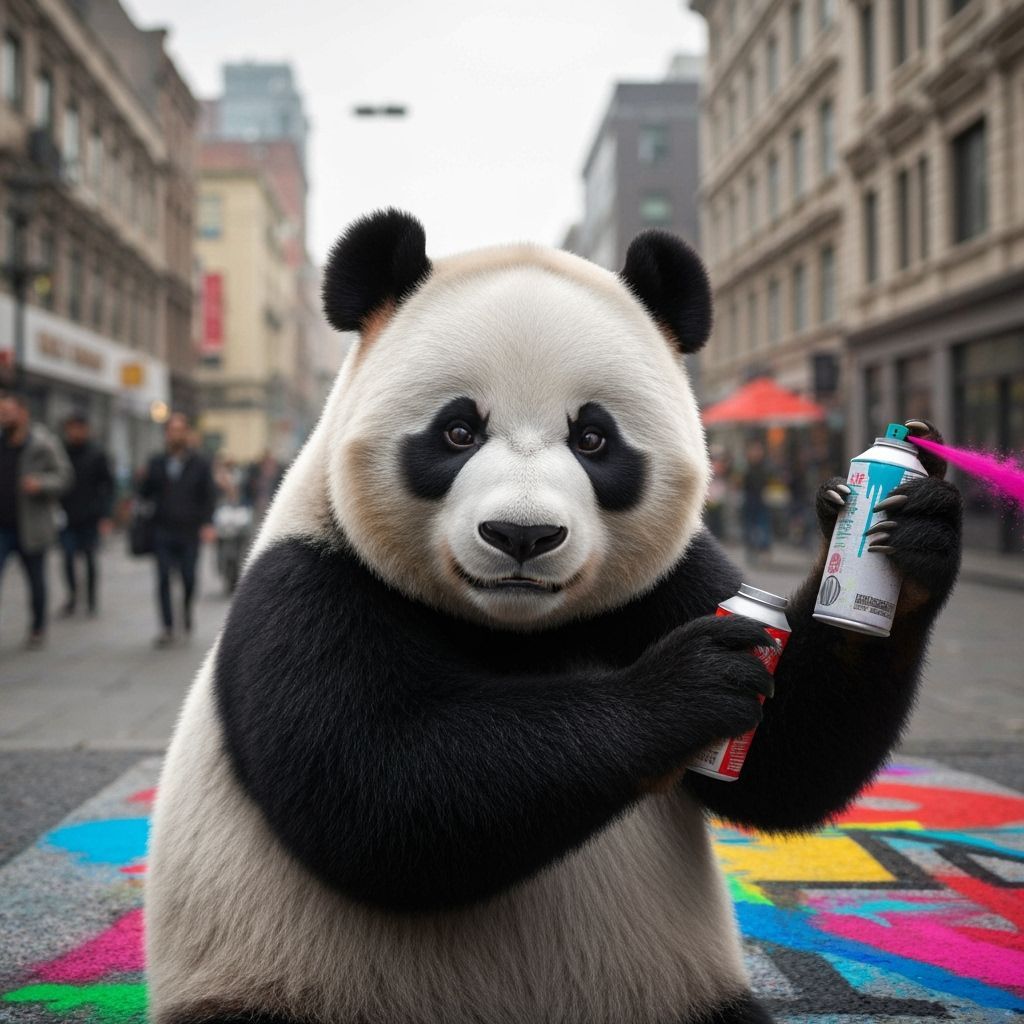 A whimsical scene of a cute, fluffy panda dressed as a stree...