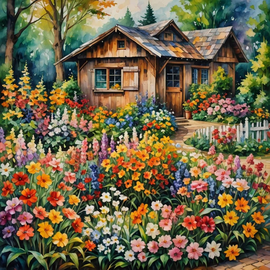 Blooming Flower Garden with Potting Shed, Watercolor Style