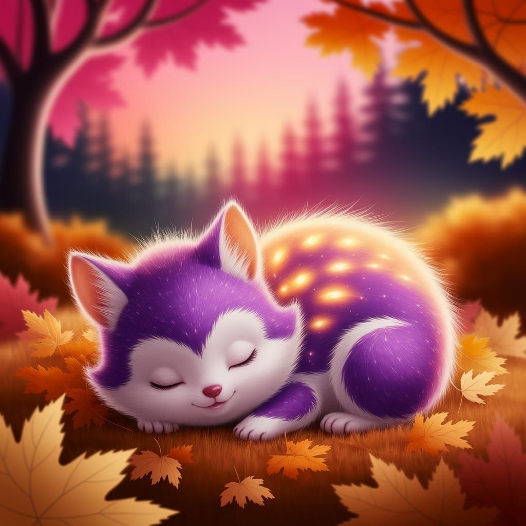 Glowing Purple and Orange Fluffy Forest Critter at Sunset