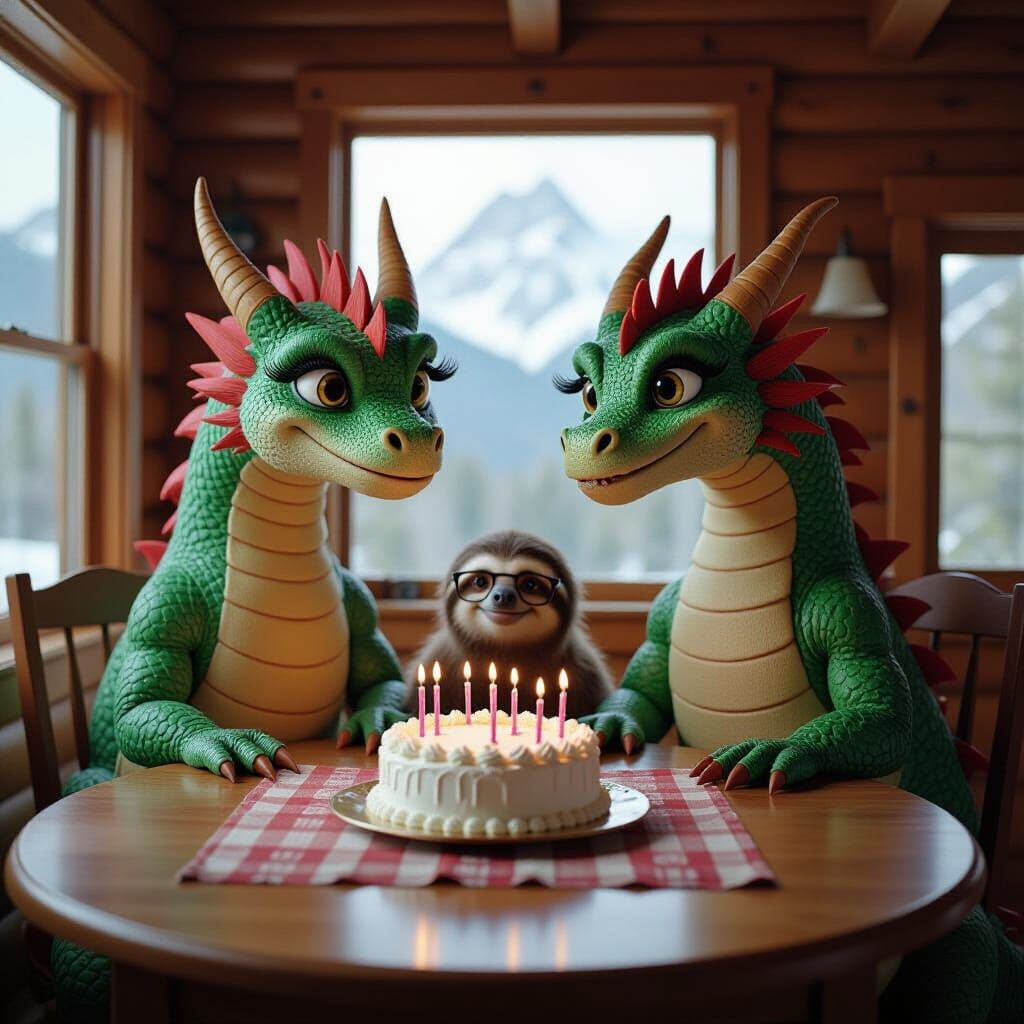 Dragons and Sloth Celebrate Cake in Mountain Cabin