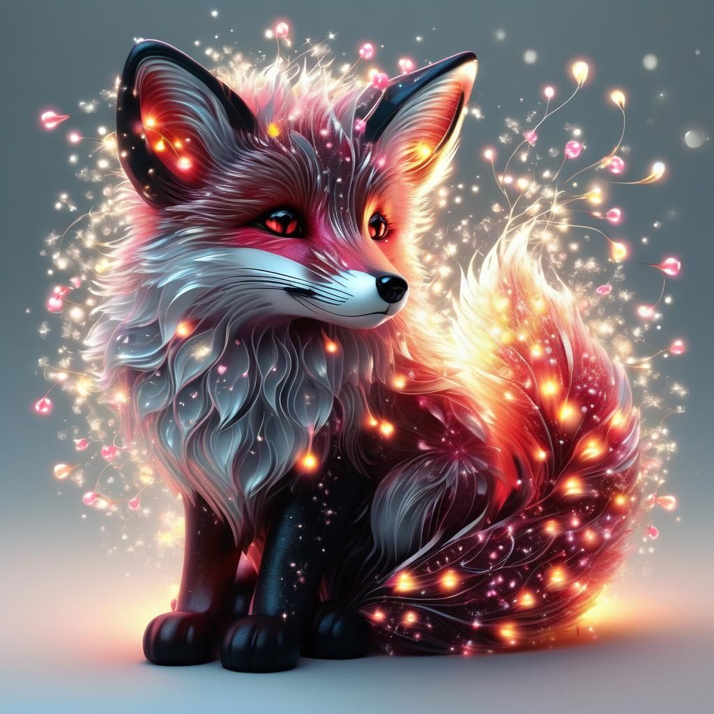 Cherry Fox Cub with Fireflies in Art Nouveau Style