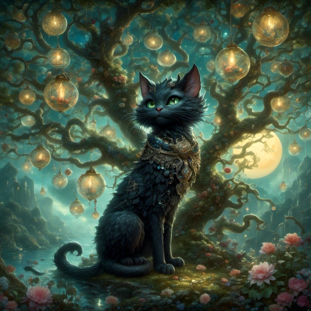 Fantasy Black Cat Under Full Moon in Hyperreal Style