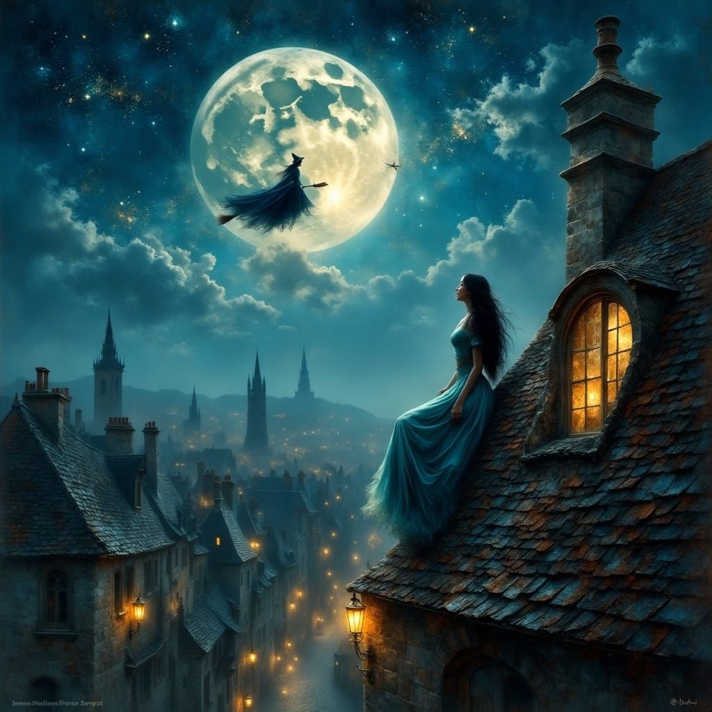 Medieval Rooftop Scene with Witch in Hyperrealism