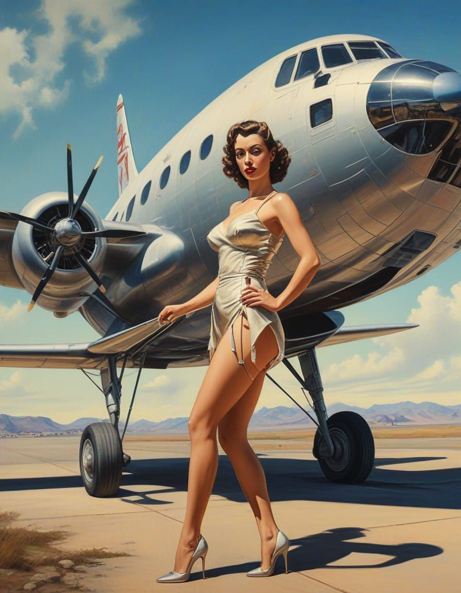 Futuristic Pinup Girl With Airplane in Surrealist Style