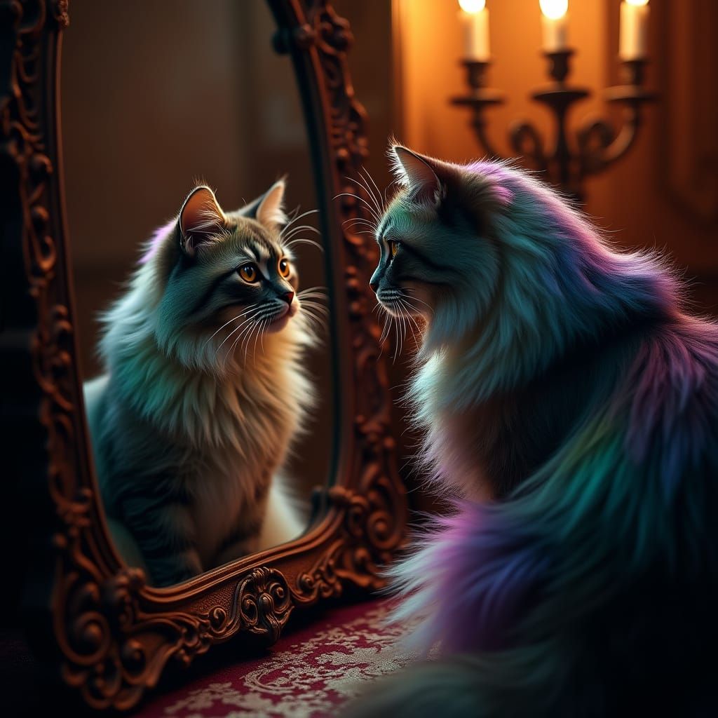 Vibrant Cat Admiring Reflection in Antique Mirror