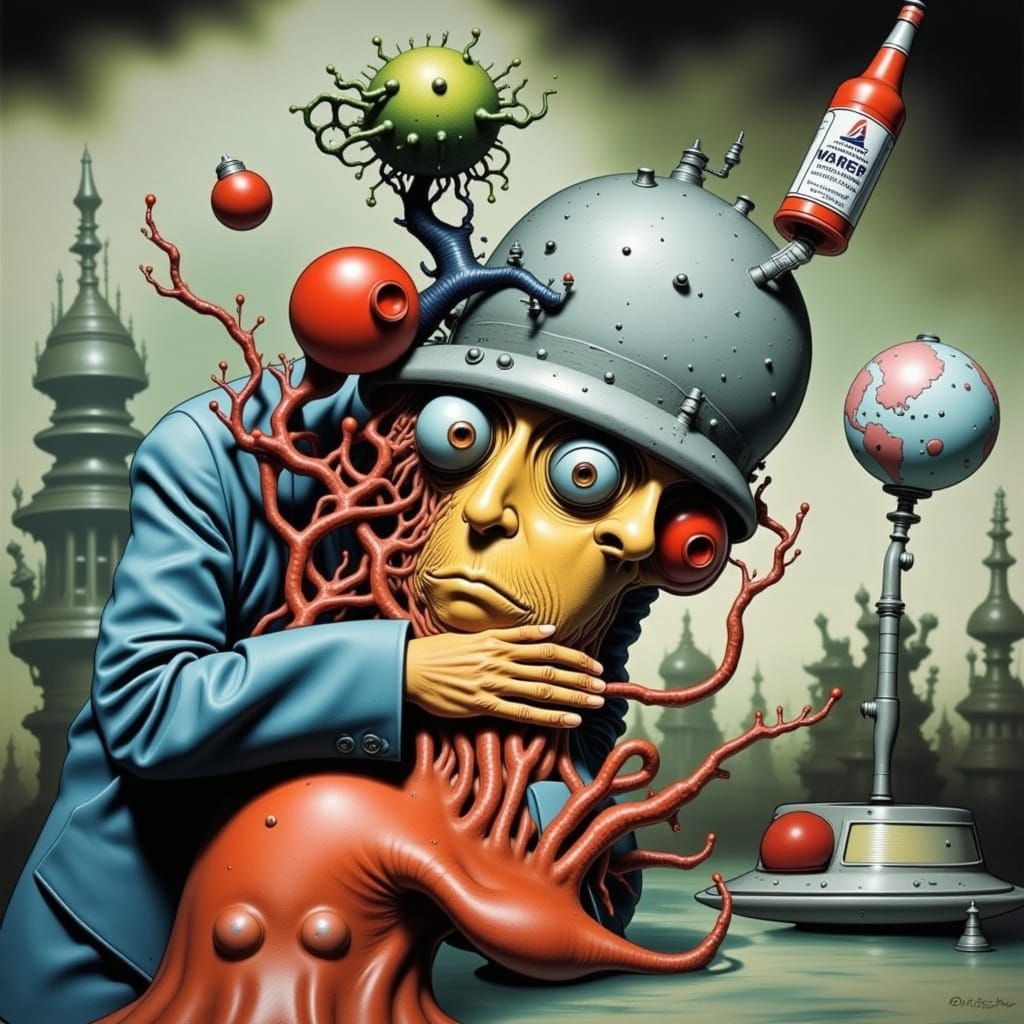 Surrealist Cartoons of Quackery on a Bald Head