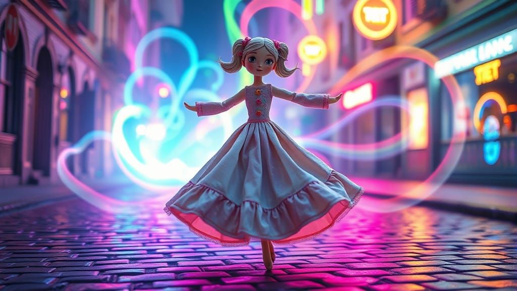 Patchwork Doll Twirling on Neon Street, Surreal Art
