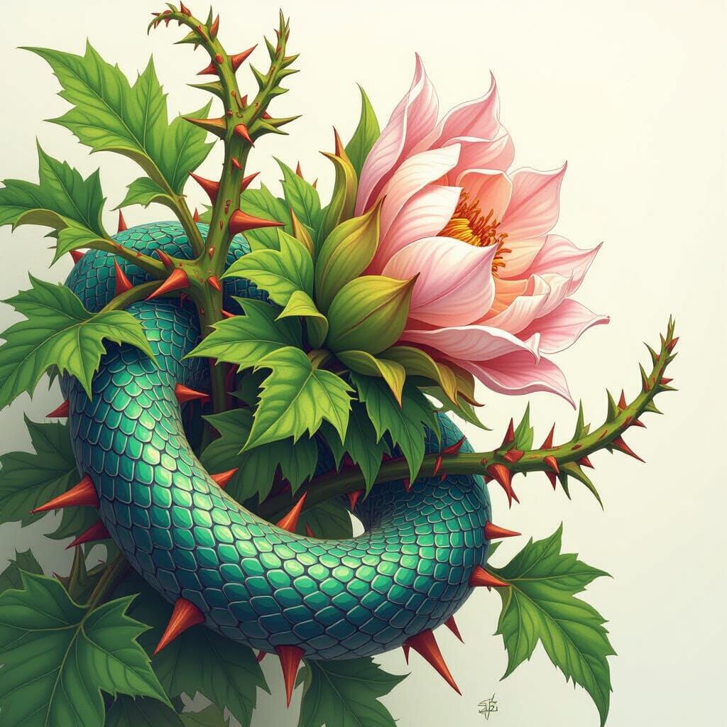 Detailed Illustration of Thorny Plant with Snake