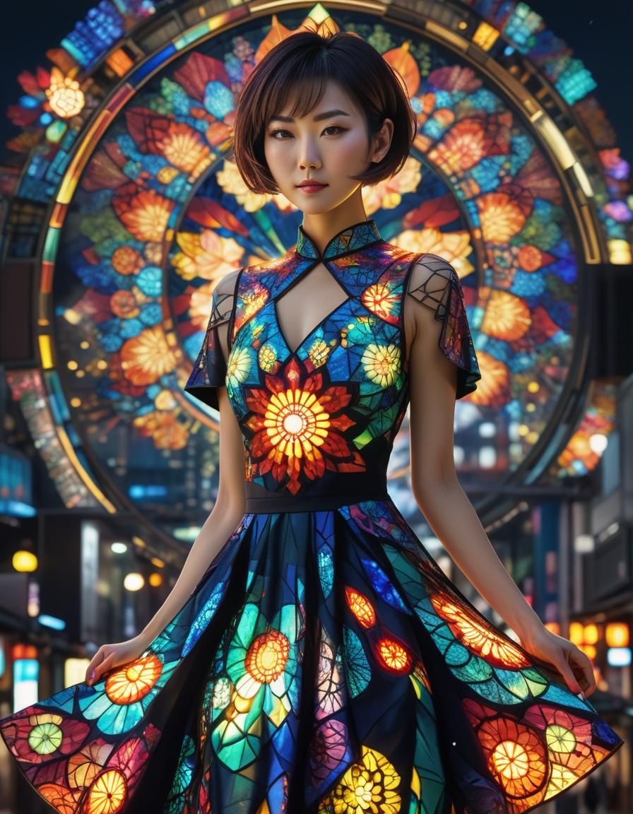 Japanese Woman in Mandala Dress Against Cityscape