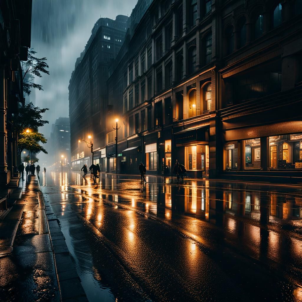 Rainy Evening Cityscape Reflections in High Resolution