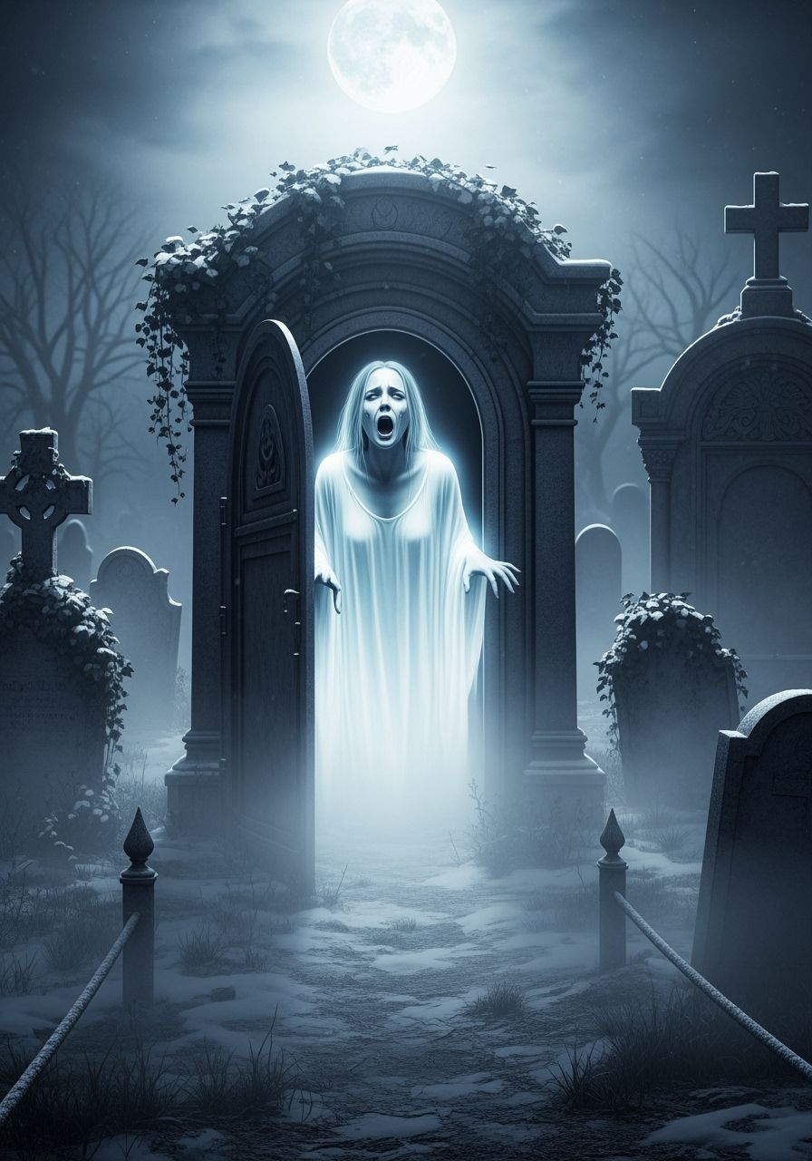 Spectral Woman Emerges from Crypt in Moonlit Graveyard