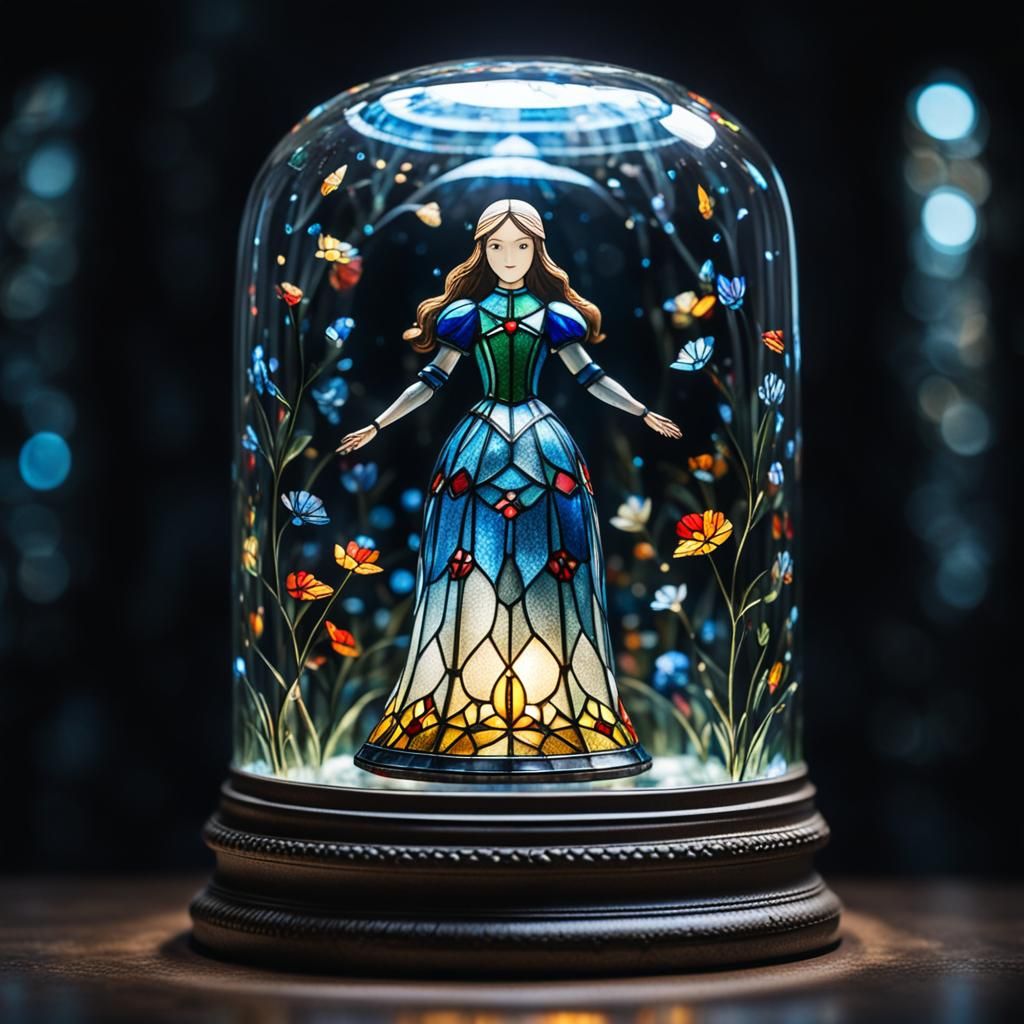 Stained Glass Figure in Glass Bell Jar