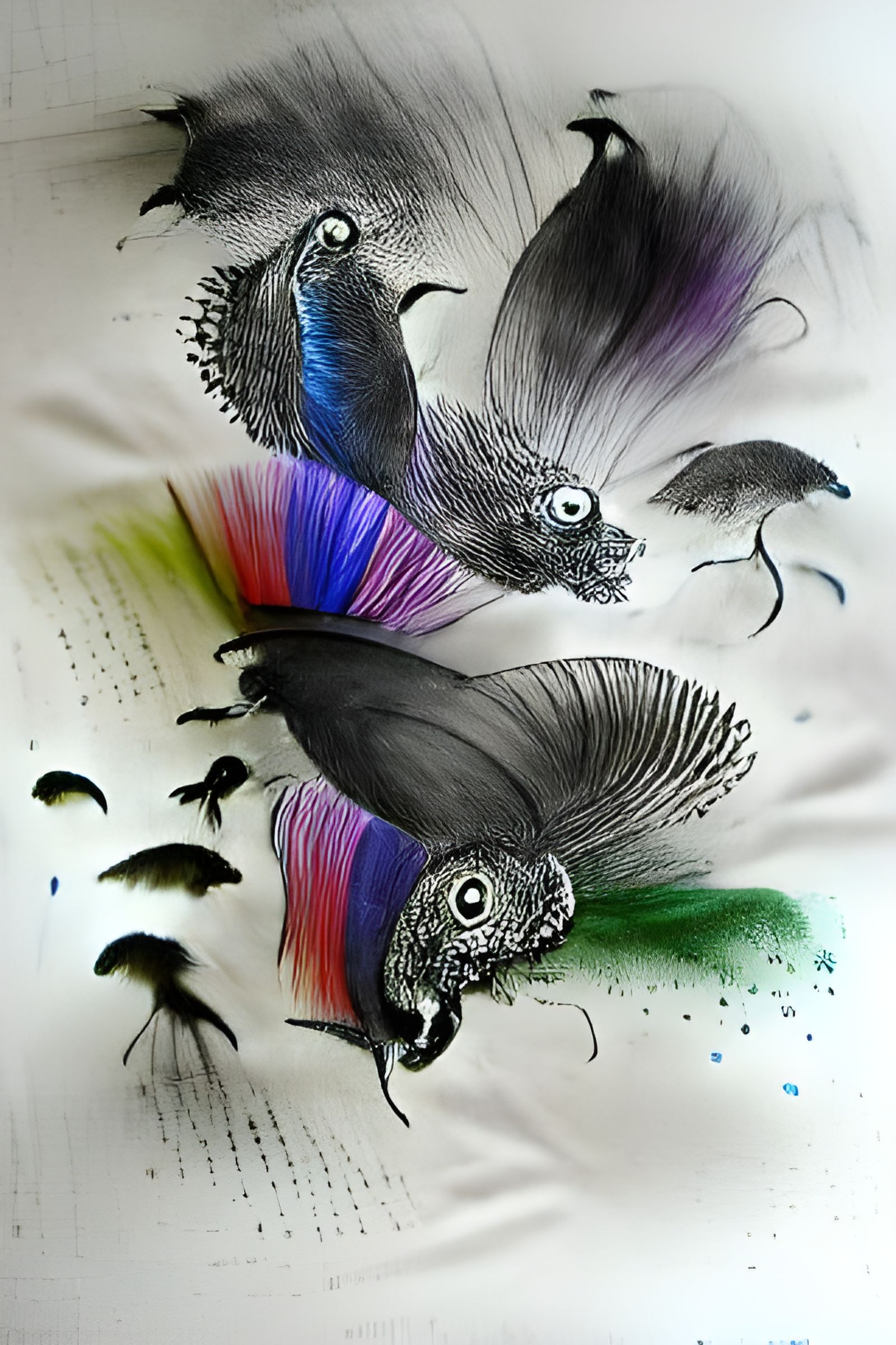 Gray Peacock Ink Drawing with Feathered Butterflies