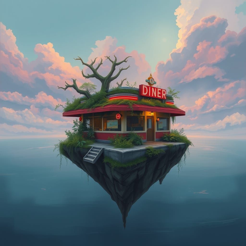 Overgrown 1950s Diner on Floating Island in Gouache Style