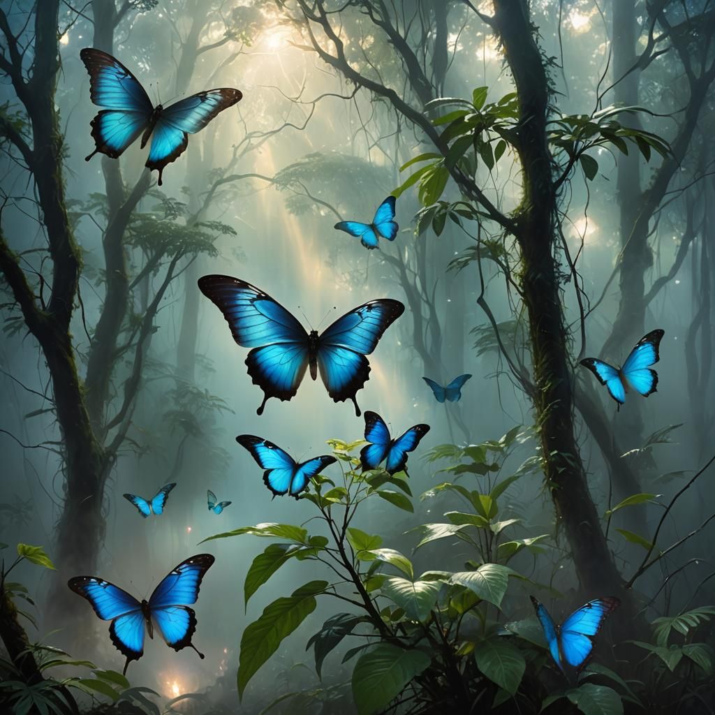 Blue Morpho Butterflies, in a misty rainforest