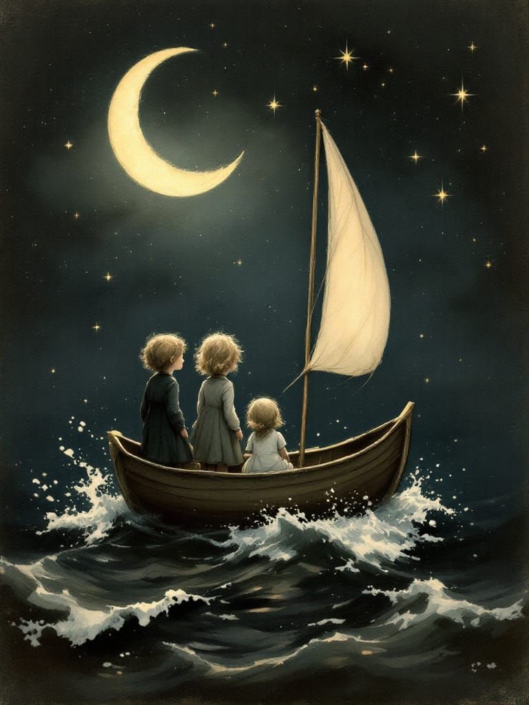 Victorian Children in Rowboat Under Moonlit Sky