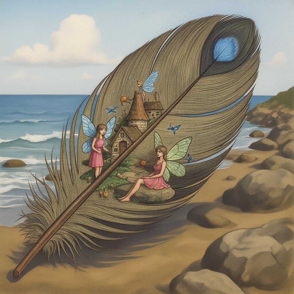 Close Up Feather With Fairy Village Detailed Drawing