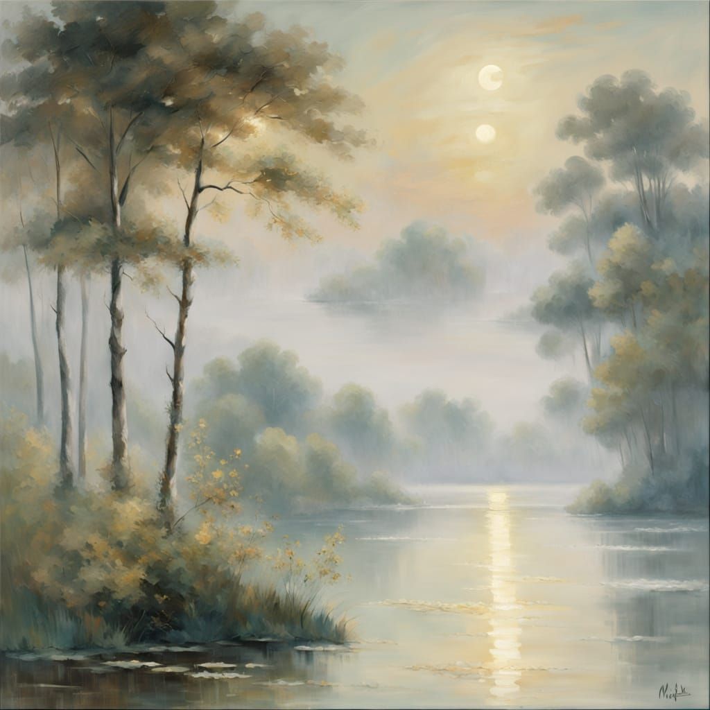 Misty Moonlit Lake in Impressionist Style
