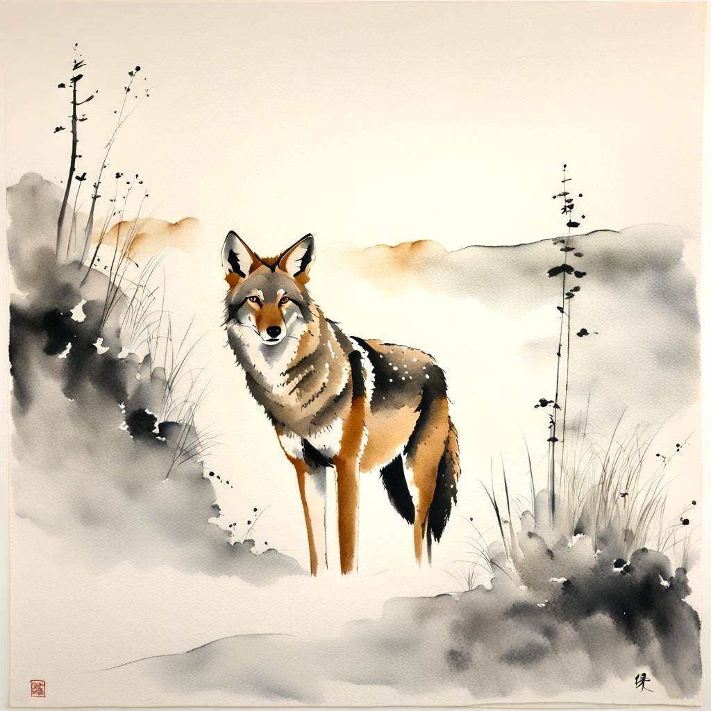 Coyote in Snow: Sumi-e Ink Wash Painting