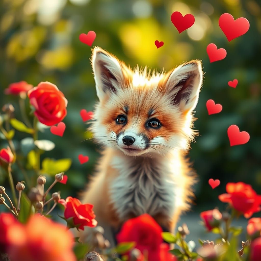 Cute fox with hearts and red roses
