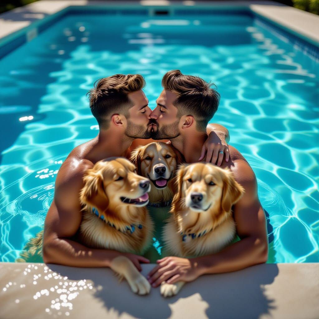 Passionate Couple Kissing in Pool with Golden Retrievers