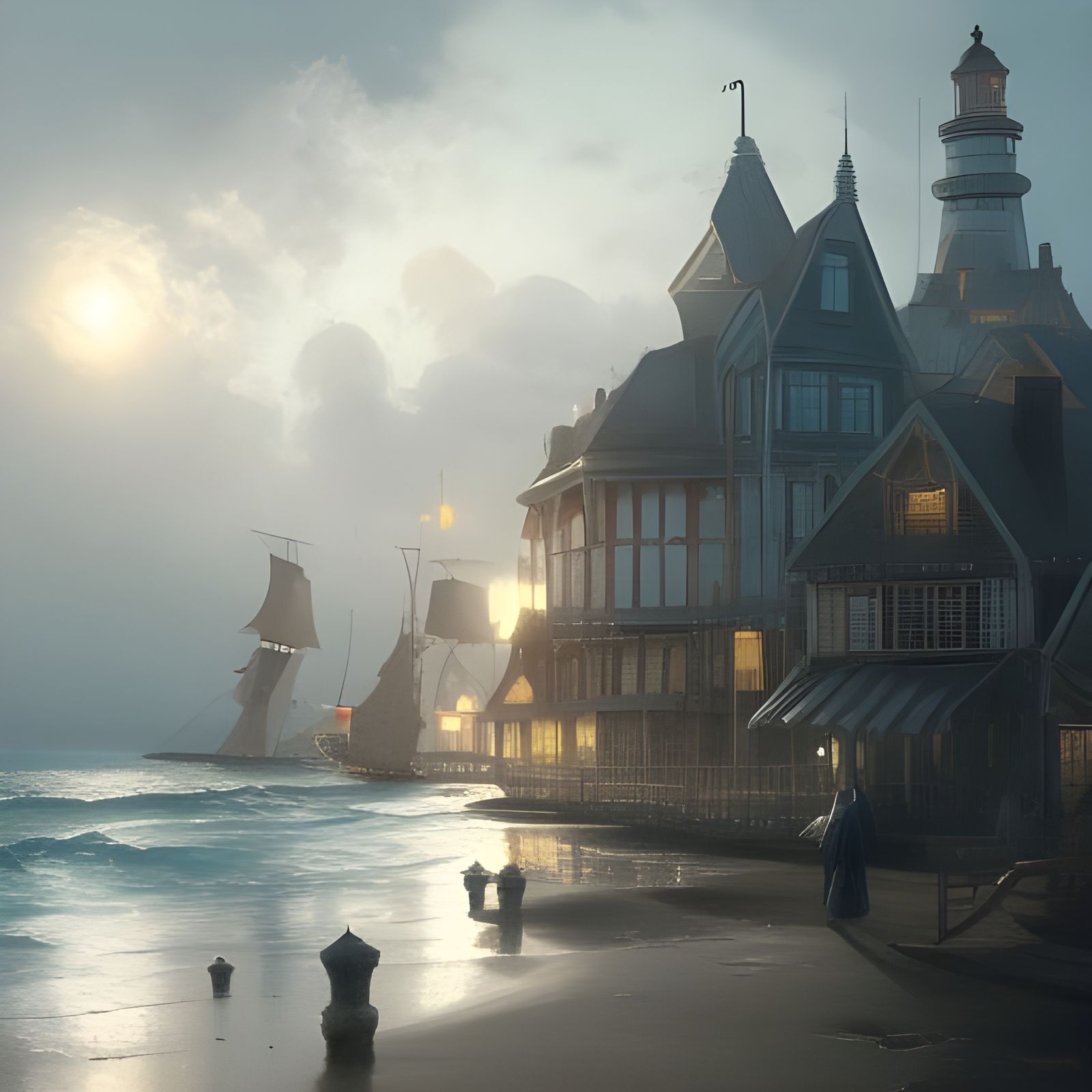 Seaside Village in a Dark Cyberpunk Aesthetic