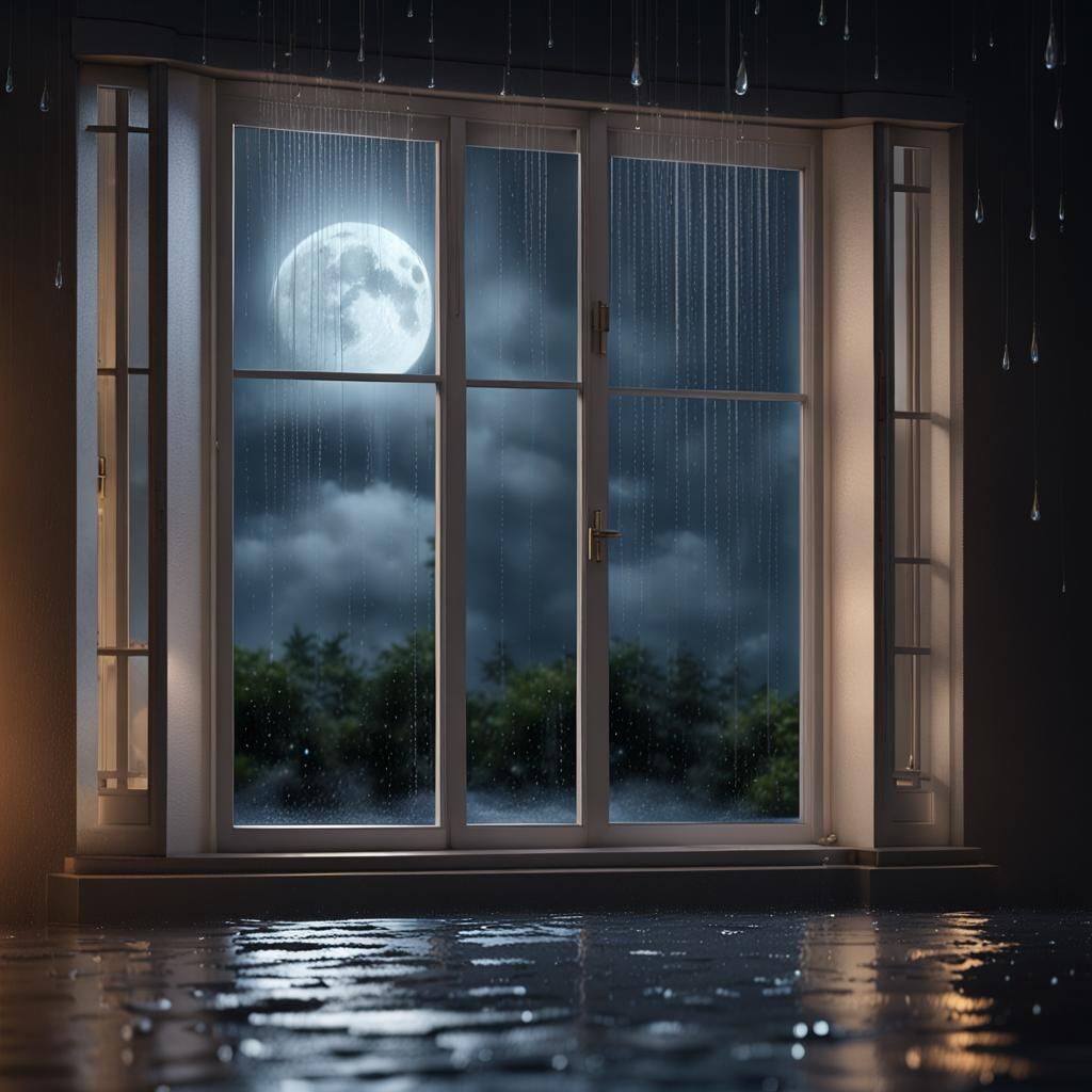 Moonlit Rainstorm Through a Picturesque Window