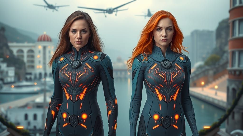 Futuristic Women in Sci-Fi Cityscape