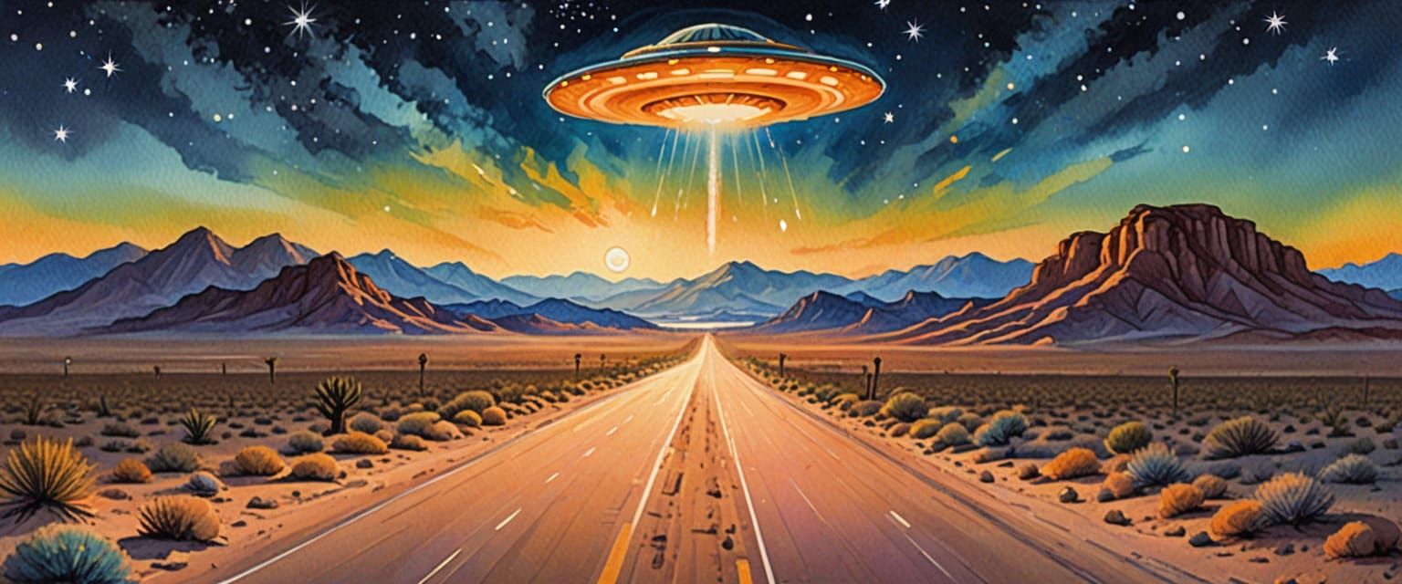 UFOs Hovering Over Desert Highway in Gouache Style
