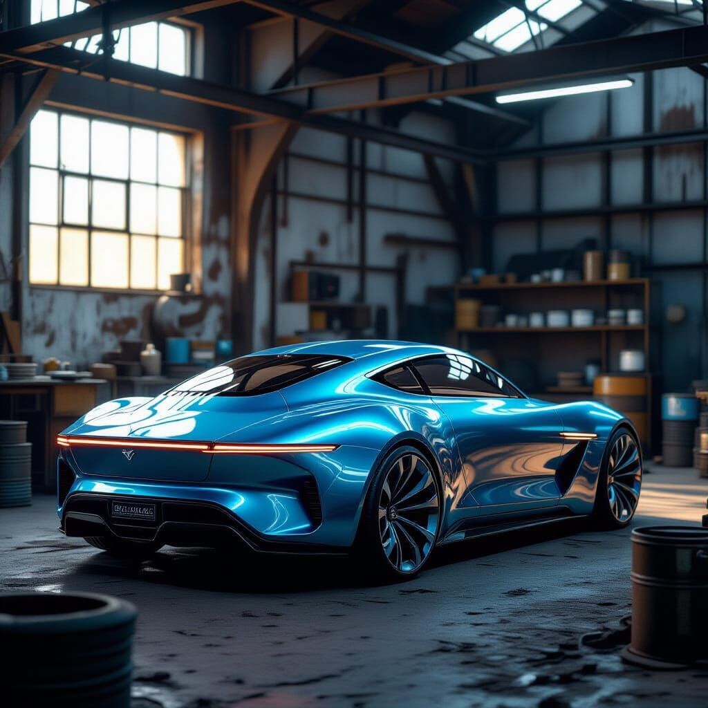 Sleek Metallic Blue Concept Car in Abandoned Workshop