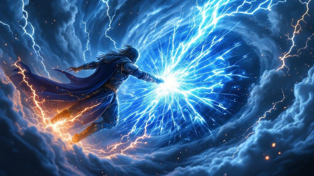 Warrior Shatters Mirror of Electrifying Blue Lightning in a...