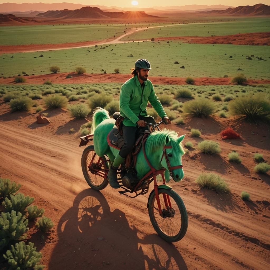 Green Plush Horse Rides Bike in Red Wasteland