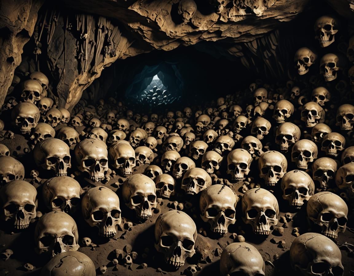 Eerie Gothic Cave Filled with Human Skulls