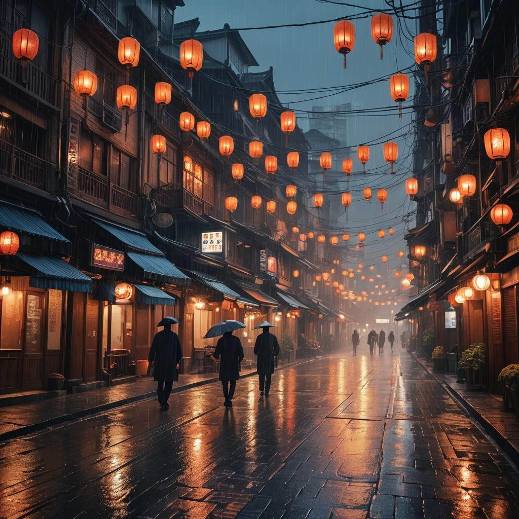 Rainy Dusk in an East Asian City