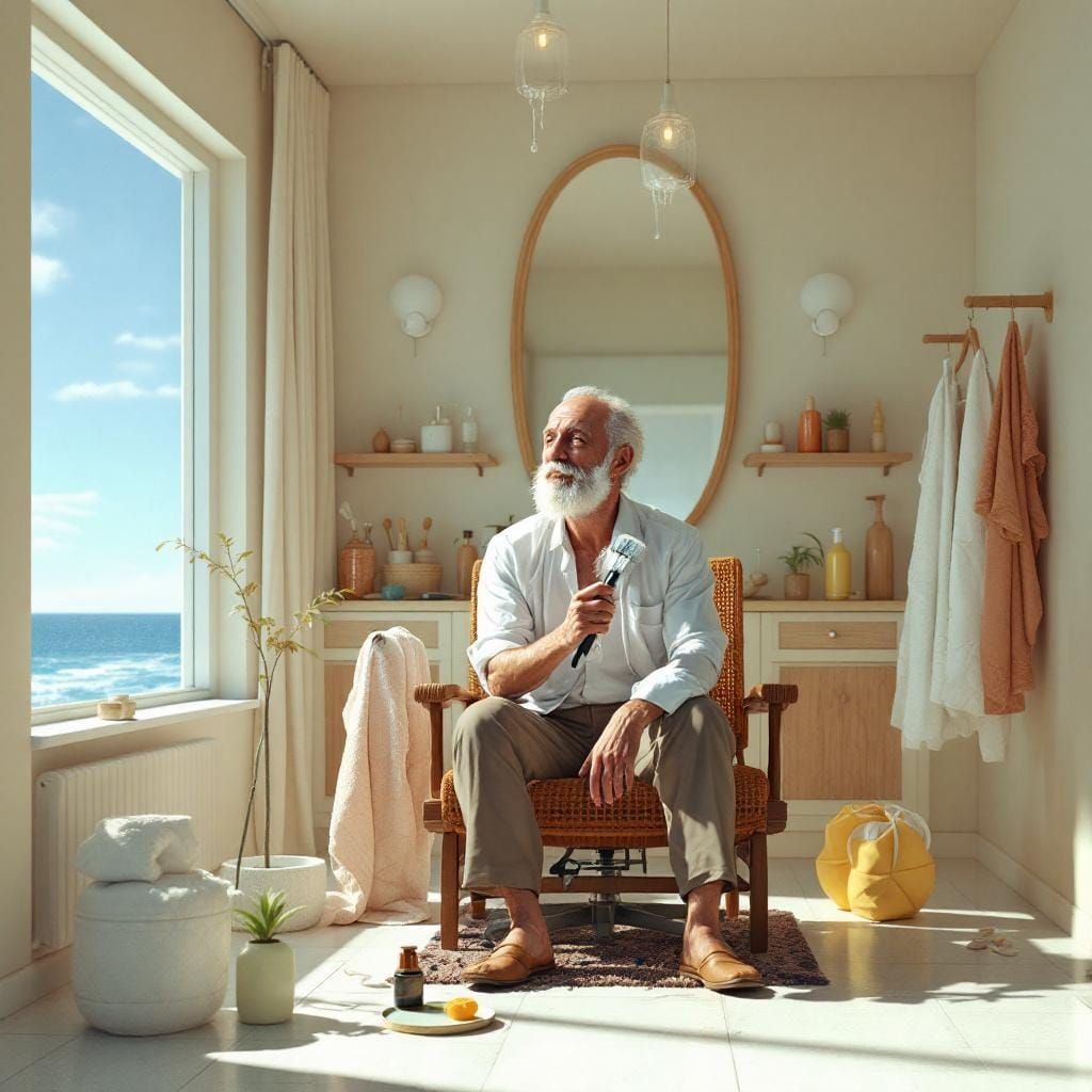 Hyperreal Old Man Shaving in Empty Resort