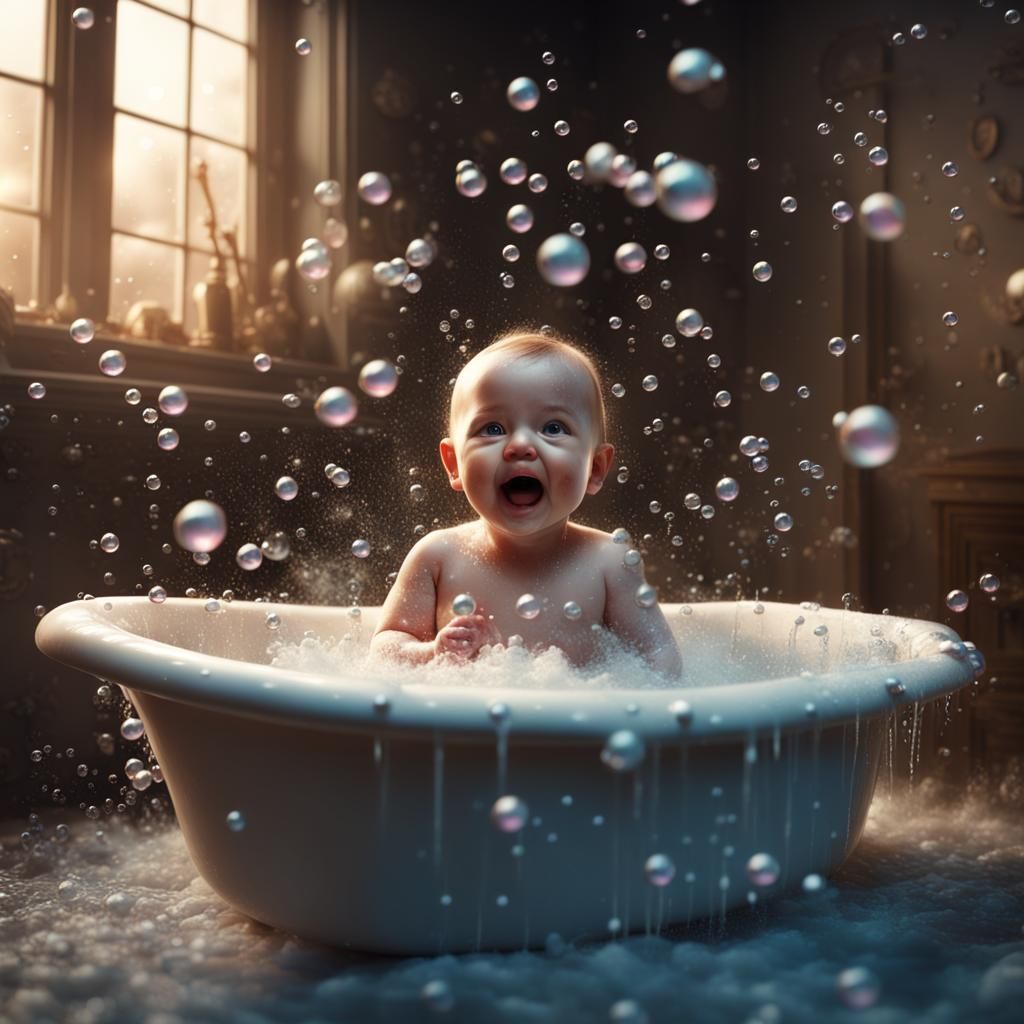 Baby Splashing in Bathtub with Glittering Bubbles