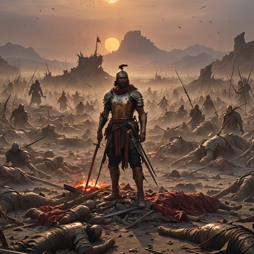 Triumphant Warrior Amidst Battlefield Carnage